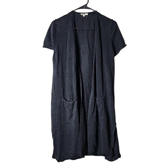 Eileen Fisher Cardigan Sweater Size Large Black Organic Linen Knit Short Sleeve - Picture 1 of 6